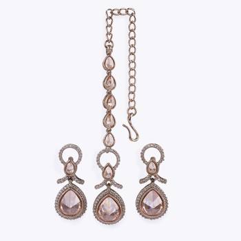 Creative round and oval shape gold plated dangle earring with maangtikka for women and girls 2