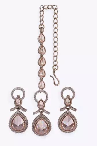 Creative round and oval shape gold plated dangle earring with maangtikka for women and girls