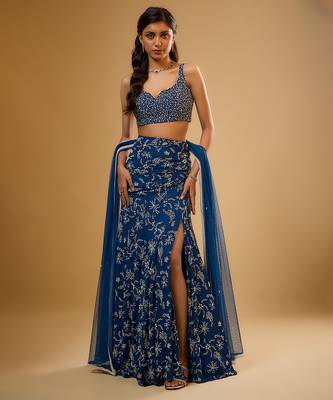 Blue Floral printed Georgette Lehenga 1