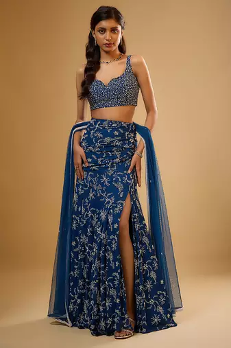 Blue Floral printed Georgette Lehenga