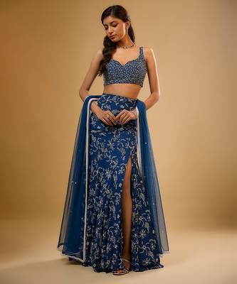 Blue Floral printed Georgette Lehenga 4