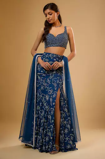 Blue Floral printed Georgette Lehenga