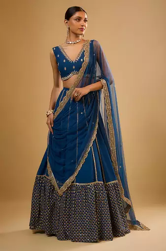 Blue Hand embroidered Georgette Lehenga