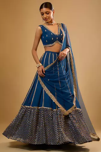 Blue Hand embroidered Georgette Lehenga