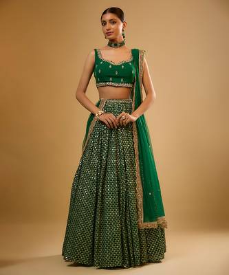 Green Hand embroidered Georgette Lehenga 1