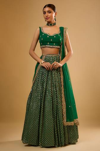 Green Hand embroidered Georgette Lehenga
