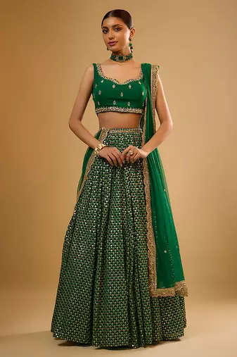 Green Hand embroidered Georgette Lehenga