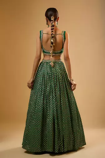 Green Hand embroidered Georgette Lehenga