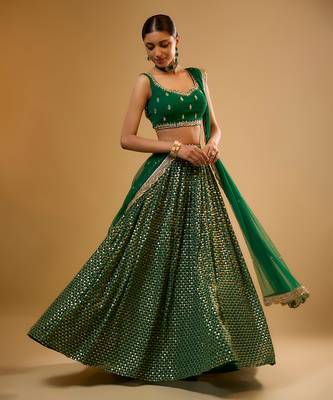 Green Hand embroidered Georgette Lehenga 3