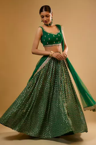 Green Hand embroidered Georgette Lehenga