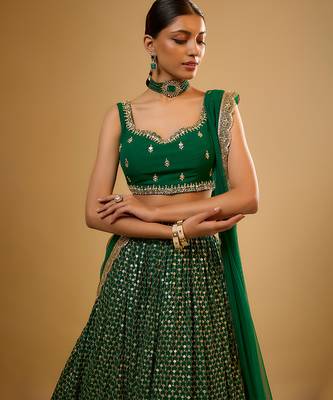 Green Hand embroidered Georgette Lehenga 4