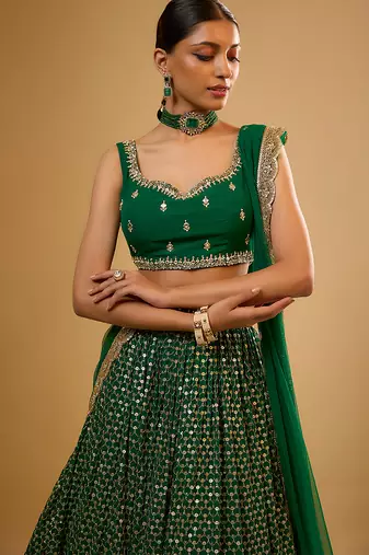 Green Hand embroidered Georgette Lehenga