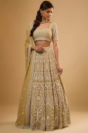 Gold Floral embroidered Georgette Lehenga
