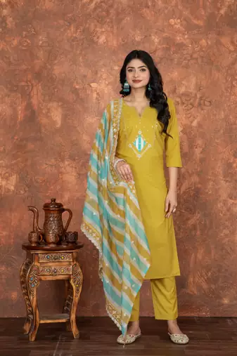 Roman silk embroidered kurta with pant & tabby silk dupatta set