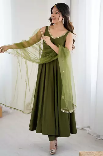 Mehandi Colour Silk Chanderi Fabric Fully Flair Anarkali Kurti With Pant Dupatta Set