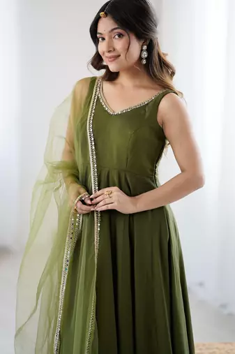 Mehandi Colour Silk Chanderi Fabric Fully Flair Anarkali Kurti With Pant Dupatta Set