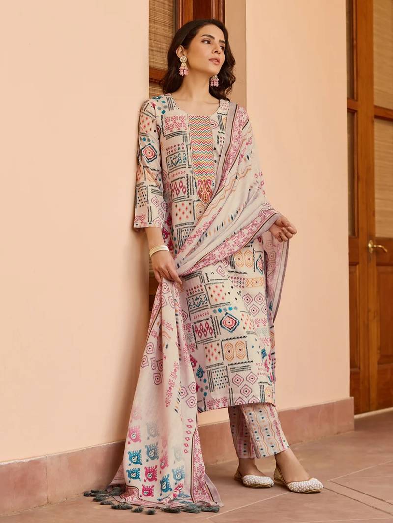 Cotton ikat printed kurta with bottom & chanderi cotton dupatta set