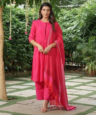 Plain dark pink cotton kurta set with striped dupatta -set of 3 1