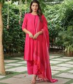 Plain dark pink cotton kurta set with striped dupatta -set of 3