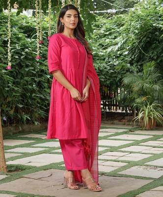 Plain dark pink cotton kurta set with striped dupatta -set of 3 2