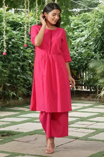 Plain dark pink cotton kurta with palazzos -set of 2
