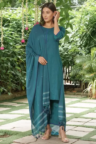 Pecock blue cotton kurta set with buti dupatta-set of 3