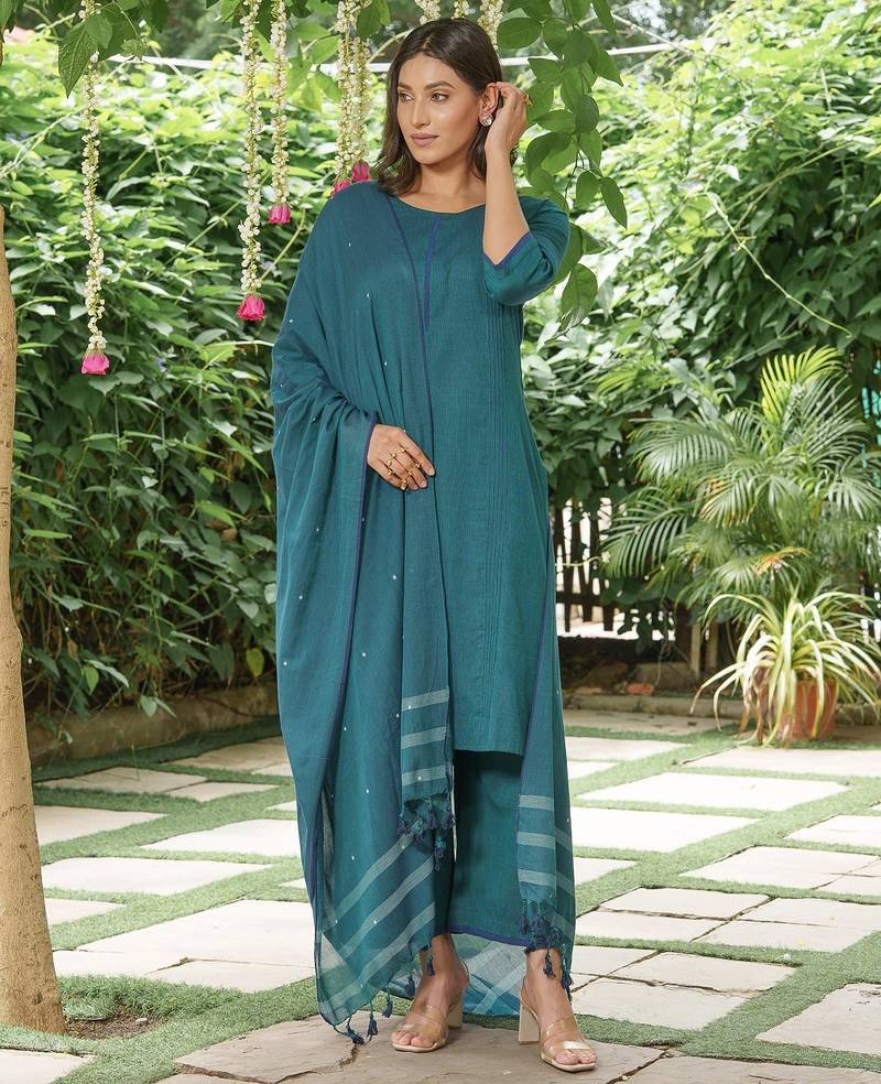 Pecock blue cotton kurta set with buti dupatta-set of 3