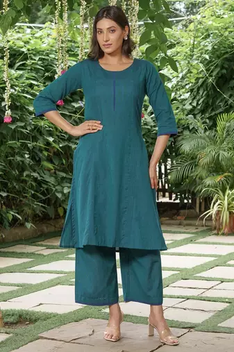 Pecock blue cotton kurta with palazzos - set of 2