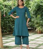 Pecock blue cotton kurta with palazzos - set of 2