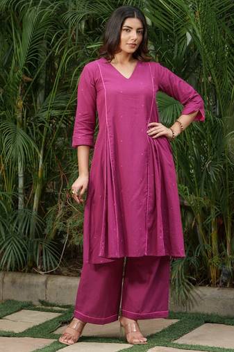 Purple pink buti kurta with purple palazzos set-set of 2