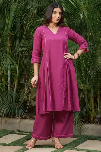 Purple pink buti kurta with purple palazzos set-set of 2