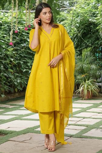 Yellow zari buti kurta ,plain palazzos with striped dupatta -set of 3