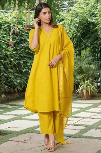 Yellow zari buti kurta ,plain palazzos with striped dupatta -set of 3