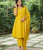 Yellow zari buti kurta ,plain palazzos with striped dupatta -set of 3