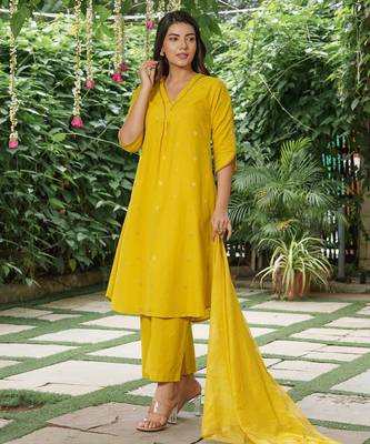 Yellow zari buti kurta ,cotton plain palazzos set -set of 2 1
