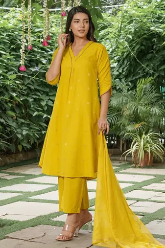 Yellow zari buti kurta ,cotton plain palazzos set -set of 2