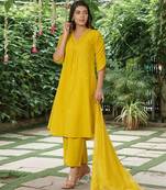 Yellow zari buti kurta ,cotton plain palazzos set -set of 2