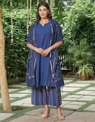Navy blue cotton kurta, zari striped palazzos with dupatta set-set of 3 1