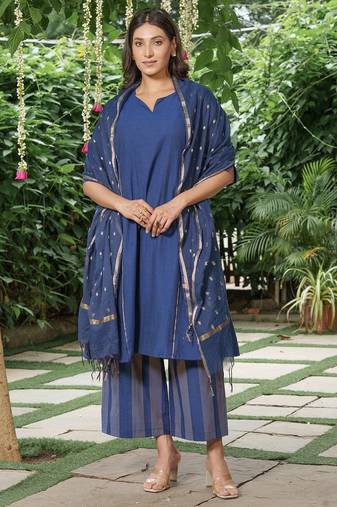 Navy blue cotton kurta, zari striped palazzos with dupatta set-set of 3