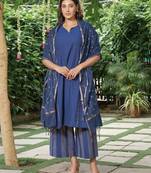 Navy blue cotton kurta, zari striped palazzos with dupatta set-set of 3