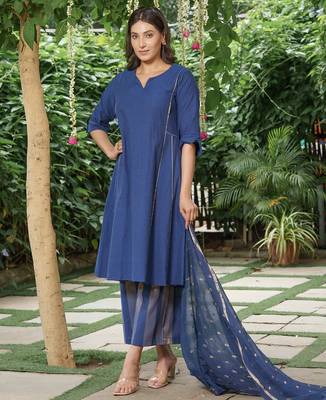Navy blue cotton kurta, zari striped palazzos with dupatta set-set of 3 2