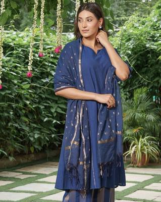 Navy blue cotton kurta, zari striped palazzos with dupatta set-set of 3 3