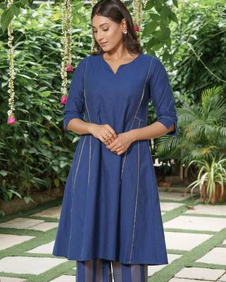 Navy blue cotton kurta, zari striped palazzos with dupatta set-set of 3 5