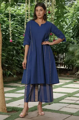 Navy blue cotton kurta, zari striped palazzos  set-set of 2