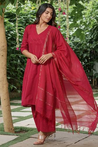 Red zari striped kurta with plain palazzos and  zari dupatta set-set of 3