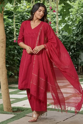 Red zari striped kurta with plain palazzos and  zari dupatta set-set of 3