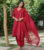 Red zari striped kurta with plain palazzos and  zari dupatta set-set of 3