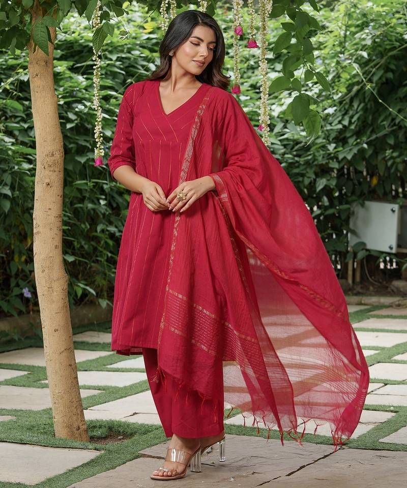 Red zari striped kurta with plain palazzos and  zari dupatta set-set of 3