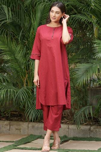 Red dobby kurta set with palazzos set-set of 2