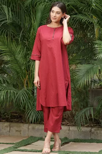 Red dobby kurta set with palazzos set-set of 2